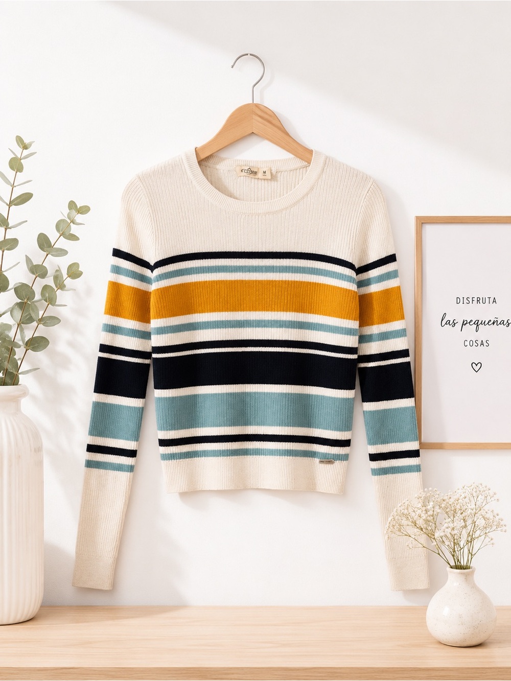 Hollister Striped Crewneck Sweater in Cream, Mustard, Teal & Black